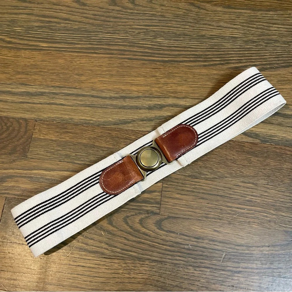 Wide Leather & Cloth 90’s Belt white and brown leather pinstripes stretchy M/L